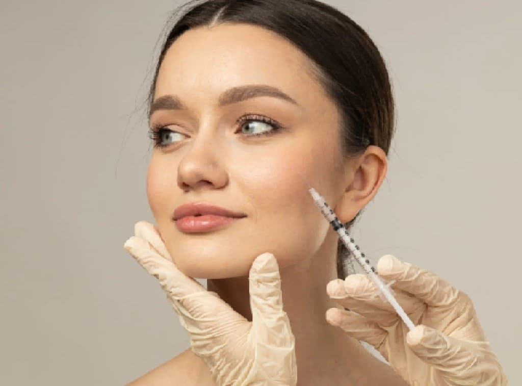 Dermal filler injection treatment being administered to the cheek area